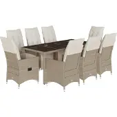 vidaXL 9-tlg. Garten-Bistro-Set mit Kissen Beige Poly Rattan