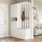 OKWISH Garderoben Set mit Schuhbank Haken Flur 110x37x180cm Weiß