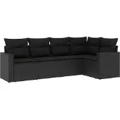 vidaXL 5-tlg. Garten-Sofagarnitur mit Kissen Schwarz Poly Rattan