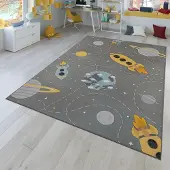 TT Home Kinderzimmerteppich Teppich Kinderteppich Rutschfest Planeten Sterne Raketen