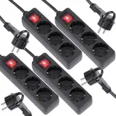 Revolt 4er-Set 3-fach-Steckdosenleiste, flacher Stecker, Schalter, 3.680 Watt