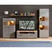 Innostyle Wohnwand Wohnzimmer-Set 2 FUN PLUS II 4 tlg. Vitrine Standvitrine TV-Unterteil Wandboard grau Hirnholz LED-Beleuchtung