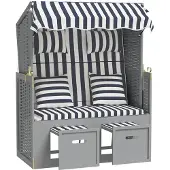 vidaXL Strandkorb mit Kissen Poly Rattan und Massivholz Blau & Weiß