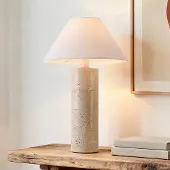 LumenXL Japandi Tischlampe Table mit Travertinfuß Optik und Leinen­schirm