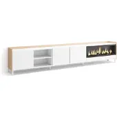 Skraut Home TV-Möbel Holzeffekt weiß und eiche 315x35x61cm Kamin mit Feuereffekt