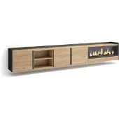 Skraut Home TV-Möbel Holzeffekt eiche schwarz 315x35x50cm Kamin mit Feuereffekt