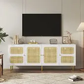 Famanu TV-Schrank Elegantes Weiß Rattan - 180x40x72cm - mit 4 Rattan-Türen - höhenverstellbare Regale - Kabelmanagement - für Fernseher bis 80 Zoll