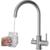 OEM 3-Wege-Küchenarmatur, Trinkwasserhahn mit 2 Griffen, 360° drehbar, silber gebürstet
