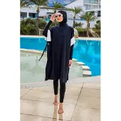 Turkishsouq Schwarzes Burkini-Set, vollständig bedeckende, bescheidene islamische Badebekleidung