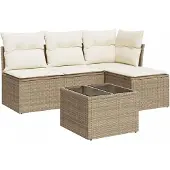 vidaXL 5-tlg. Garten-Sofagarnitur mit Kissen Beige Poly Rattan