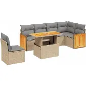 vidaXL 7-tlg. Garten-Sofagarnitur mit Kissen Beige Poly Rattan