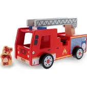 Trefl Feuerwehrspielzeug aus Holz, Feuerwehrauto Bobaski und Teddybär 61700