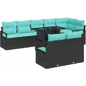 vidaXL Gartensofa-set 9 stk. 8-Sitzanzahl Schwarz und Blau Poly-Rattan