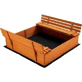 Wiltec Sandkasten mit Deckel 2 Sitzbänke 98x98x21cm Sandkiste Holz Sandbox Vliesboden