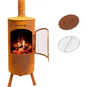 Bonfeu BonTino Rost - Terrassenofen - Feuerstelle mit Funkenschutz für entspannte Abende - Feuersäule Outdoor - Terrassenkamin mit Grillrost - Gartenofen aus hochwertigem Cortenstahl - 35x35x153cm
