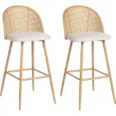 Beliani Barstuhl 2er Set Creme u. Helle Holzoptik Metall mit Fußstütze Hohe Rückenlehne Wiener-Geflecht Retro Design Wohnzimmer Küche Bar Wohnküche