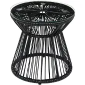 Outsunny Ratten Beistelltisch, Runder Kaffeetisch, Bistrotisch mit Glastischplatte, Gartentisch mit Hohltrommel-Design, für Terrasse, Balkon, Schwarz