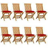 DKD Home Decor vidaXL Klappstühle mit roten Kissen, 8-teilig, Massivholz Teakholz