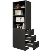 MODFU Standregal Spanplatte Schwarz 60x38x180 cm mit 3 Seitenschubladen und verstellbaren Böden