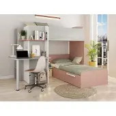 Vente-unique Eck-Hochbett - 2 x 90 x 190 cm - mit Schreibtisch - Grau, Weiß & Rosa - SAMUEL