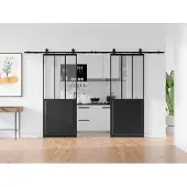 Vente-unique Industrielle Doppelschiebetür mit Laufschiene - Schwarz und gehärtetes Glas - 2 x H 205 x B 83 cm - ARTISTO II