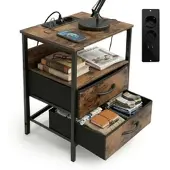 Relaxdays Beistelltisch MDF Eisen Braun Schwarz Mit USB-Anschluss 60 cm x 40 cm x 30 cm