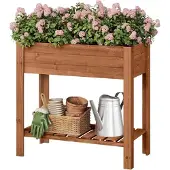 Woltu Hochbeet Holz, 80x75x40 cm, Gemüsebeet mit Blumenkasten Ablageboden Folie : Braun Farbe: Braun