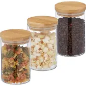 Relaxdays Vorratsgläser mit Bambusdeckel, 3er Set, runde Vorratsdosen aus Glas, 800 ml, luftdicht, transparent/natur
