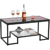 Vevor Couchtisch Beistelltisch aus gehärtetem Glas mit Beleuchtung, rechteckiger Glastisch mit zwei Ebenen & offenem Stauraum, Kaffeetisch aus Metall für Wohnzimmer Büro 100 x 51 x 48 cm Schwarz