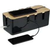 Relaxdays Kabelbox, für 2 Steckdosenleisten, Holzdeckel, Kunststoff, Kabel verstecken, HBT: 11,5x30,5x12,5 cm, schwarz