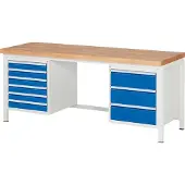 RAU Werkbank mit 9 Schubladen - Teilauszug - 90:6 / 180:3 - höhenverstellbar 840-1.040 mm - 2.000 x 700 mm (BxT) - Traglast 1.250 kg - Buche