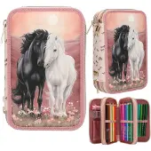 Depesche 13968 Miss Melody Blossom Pony - Gefüllte 3-Fach Federtasche in Rosa, mit Pferde Motiv und Pferde-Muster, Federmappe mit Buntstiften, Schere, Lineal UVM.