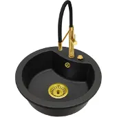 Brado Mila Einbecken-Granitspüle mit Küchenarmatur FULL PRO Gold, automatischem Siphon und Spülmittelspender