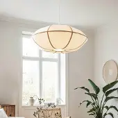 LumenXL Moderne Hängelampe Ovala mit beigem Leinenschirm und braunen Akzenten Ø60 cm