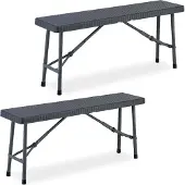 Relaxdays Bierbank 2er Set, faltbar, für Terrasse & Garten, Rattanoptik, Kunststoff Campingbank, HBT: 42x102x25 cm, grau
