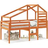 vidaXL Hochbett mit Dach Wachsbraun 90x190 cm Massivholz Kiefer