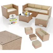 Juskys Polyrattan Lounge Punta Cana L creme – Gartenlounge für 4-5 Personen – Sitzgruppe mit Sessel, Sofa, Tisch & Hocker - Sitzbezüge Sand