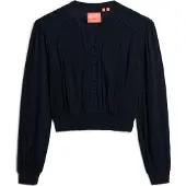 Superdry für Damen. W6011796A Marineblaue Bluse mit Smok-Detail und Spitzenbesatz (M), Lässig, Baumwolle, Langarm