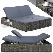 Casaria Sonnenliege 2 Personen mit Klapptisch 7cm Auflagen Wetterfest Gartenliege 220kg Belastbar Gartenmöbel Liegestuhl Verstellbar Grau Anthrazit 200x160cm