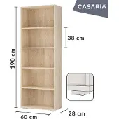 Casaria Bücherregal 5 Fächer 190x60x28cm Höhenverstellbare Böden Holz Offen Modern Stehend Arbeitszimmer Büro Wohnzimmer Standregal Regal Vela Eiche
