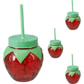 Mojawo 4er Trinkglas Wasserglas Saftglas Strohhalm Deckel Erdbeere 480ml