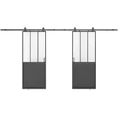 Vente-unique Industrielle Doppelschiebetür mit Laufschiene - Schwarz und gehärtetes Glas - 2 x H 205 x B 63 cm - ARTISTO II