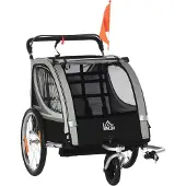 BundiGlassware Kinderfahrradanhänger, Schiebewagen, mit Bremsen, klappbar, für 2 Kinder, Grau/Schwarz