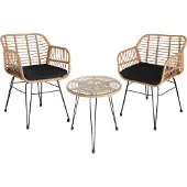TecTake Rattan Sitzgruppe Molfetta 2+1 - UV Beständiges Polyrattan - Naturfarben - Wasserabweisend - Glasplatte abnehmbar