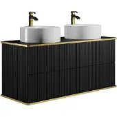 Vente-unique Waschbeckenunterschrank hängend mit rundem Doppelaufsatzwaschbecken - Streifenoptik - Goldfarbene Umrandung - Schwarz - 120 cm - KELIZA