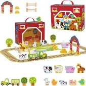 Tooky Toy Holzbauernhof im Koffer, Figuren, Fahrzeuge