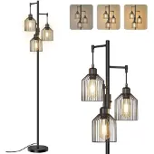 Vasagle Bodenlampe mit 3 E27-Fassungen, höhenverstellbar, Metallschirm, Stehlampe für Wohnzimmer, modern, schwarz