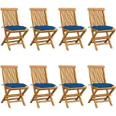 Prolenta Maison Exclusive - Klappstühle mit blauen Kissen, 8-teilig, Massivholz Teakholz