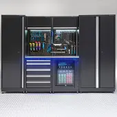 Datona Werkstatteinrichtung PREMIUM Edelstahlplatte mit Kühlschrank – 285 cm breit