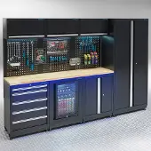 Datona Werkstatteinrichtung PREMIUM Eichen Arbeitsplatte mit Kühlschrank - 294 cm